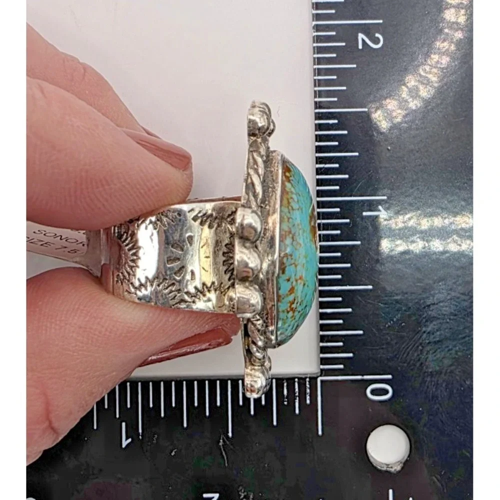 Handmade Sonoran Web Turquoise Ring Sterling Silver Signed 8M 17 grams Size‎ 7